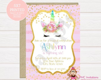 Custom PRINTED Unicorn Birthday Invitation, Unicorn Face Birthday Invitation - 1.00 each with envelope