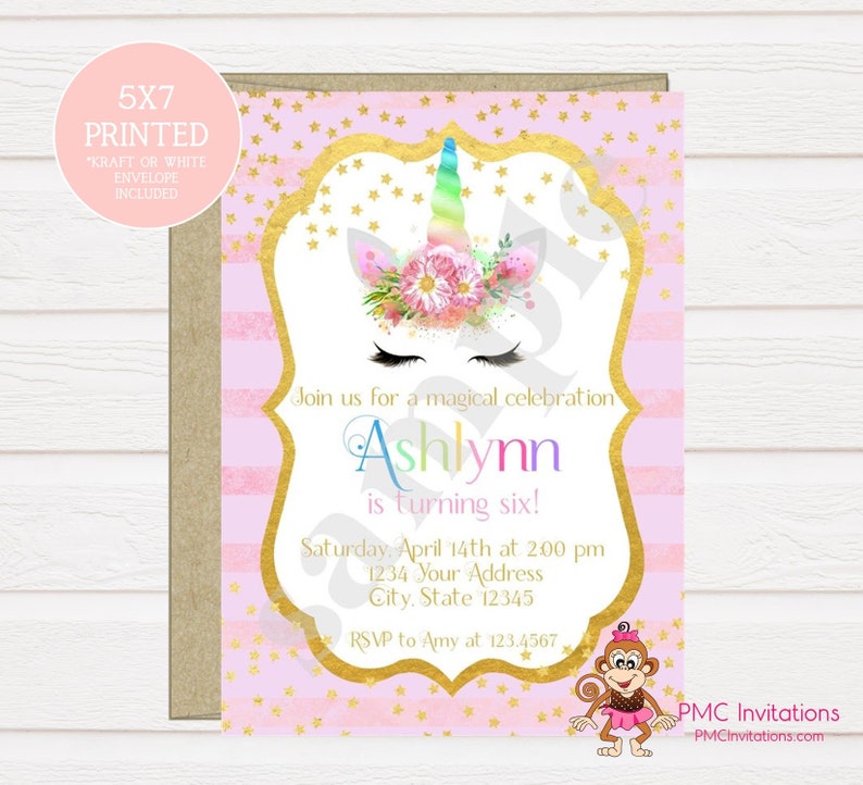 Custom PRINTED Unicorn Birthday Invitation, Unicorn Face Birthday Invitation 1.00 each with envelope image 1