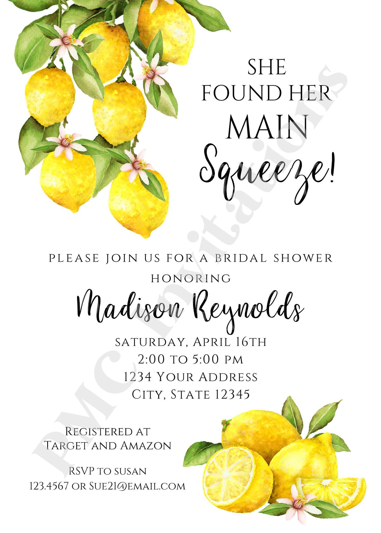 Custom Printed Watercolor Lemon Bridal Shower Invitations Etsy