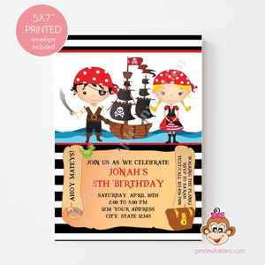 Printed Pirate Birthday Invitations, Boy Girl Pirate Birthday, Pirate Party, Ahoy Mateys, pirate ship, treasure map, with envelope image 2