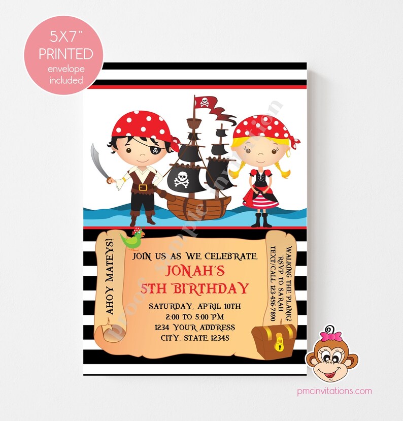 Printed Pirate Birthday Invitations, Boy Girl Pirate Birthday, Pirate Party, Ahoy Mateys, pirate ship, treasure map, with envelope image 2