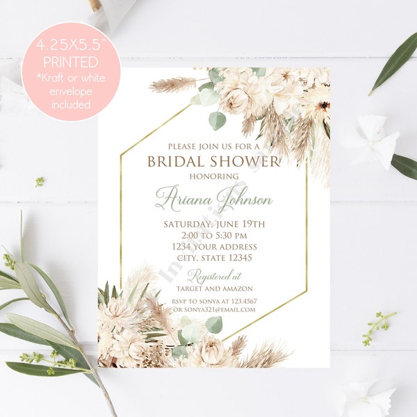 Custom PRINTED 4.25X5.5 Pampas Grass Bridal Shower Invitation, Sage Green Invites, Boho Greenery, Bridal Shower, Bohemian, with envelopes