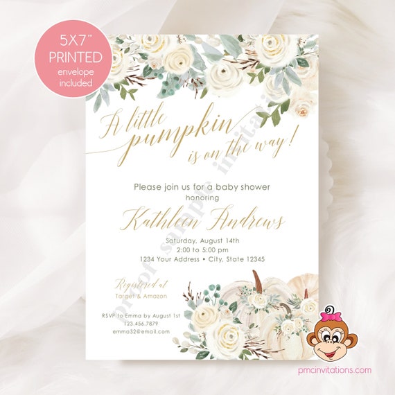 Printed 5X7" Pumpkin Floral Baby Shower Invitations, Pumpkin, A little pumpkin is on the way, fall baby shower, with envelope Il_570xn
