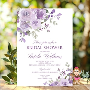 Custom Printed 5x7" Purple Lavender Floral Bridal Shower Invitation, Purple Floral Bridal Shower Invitation, Bridal Shower
