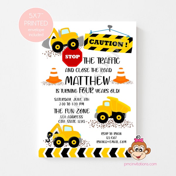 PRINTED 5X7" Dump Truck Birthday Invitation, Construction Trucks Birthday Invitation, Work Truck Birthday Invitation, envelopes included