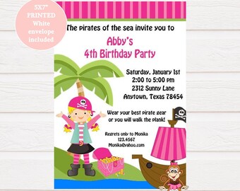 Custom Printed 5X7" Pink Pirate Birthday Party Invitations With Blonde or Brunette - Girl Pirate Birthday - envelope included