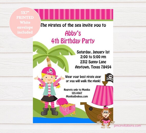 Custom Printed 5X7" Pink Pirate Birthday Party Invitations With Blonde or Brunette - Girl Pirate Birthday - envelope included Il_570xn