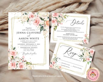 Printed 5X7 Greenery, Pink Floral Wedding Invitation, Blush Pink Floral Wedding Invitation, Pink Floral Wedding Invitation, Watercolor