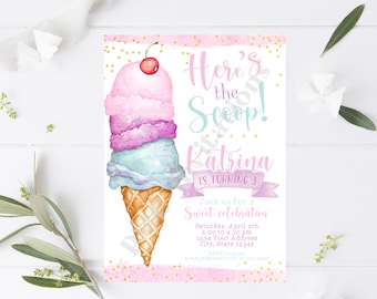 Custom Printed 5x7" Watercolor Ice Cream Birthday Invitation, Ice Cream Birthday, Here's the Scoop Ice Cream, Ice Cream Cone, with envelopes