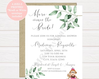 Custom PRINTED 4.25X5.5 Greenery, Boho, Eucalyptus Bridal Shower invitation, kraft or white envelope included