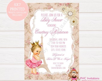 Custom Printed Shabby Chic - Paris - Vintage - Pearls - Pick skin/hair color- Royal Princess Baby Shower Invitation - 1.00 each w/envelope