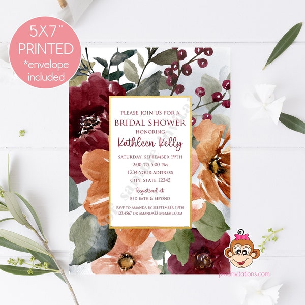 Printed 5X7 Fall Floral Bridal Shower Invitation, Burgundy, Orange Watercolor Floral, Fall, Autumn, Floral Bridal Shower, with envelopes