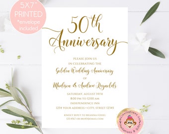 Printed 5X7" 50th Anniversary Invitations, 50th Wedding Anniversary, Fifty Years, Anniversary invitations, envelope included