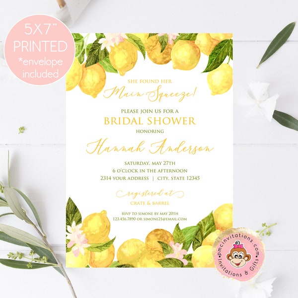 Custom Printed Watercolor, Lemon Bridal Shower Invitations, Main Squeeze, Main Squeeze Lemon Bridal Shower, 5X7" with envelopes