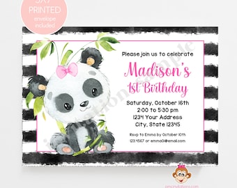 Printed 5X7" Panda Bear Birthday Invitations, Girl Panda Birthday Invitation, Panda Party, Panda Birthday, envelopes included