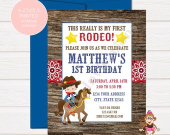 Custom PRINTED 4.25X5.5" First Rodeo Birthday Invitation, Cowboy, My First Rodeo, Invitation - envelope included