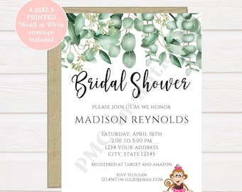 Custom PRINTED 4.25X5.5 Greenery, Boho, Eucalyptus Bridal Shower invitation, kraft or white envelope included