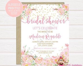 Custom PRINTED 4.25X5.5 Watercolor Blush Pink Floral, Pink Gold,  Baby Shower, Bridal Shower Invitation, kraft or white envelope included