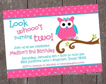 Pink and Teal Owl Birthday Invitations
