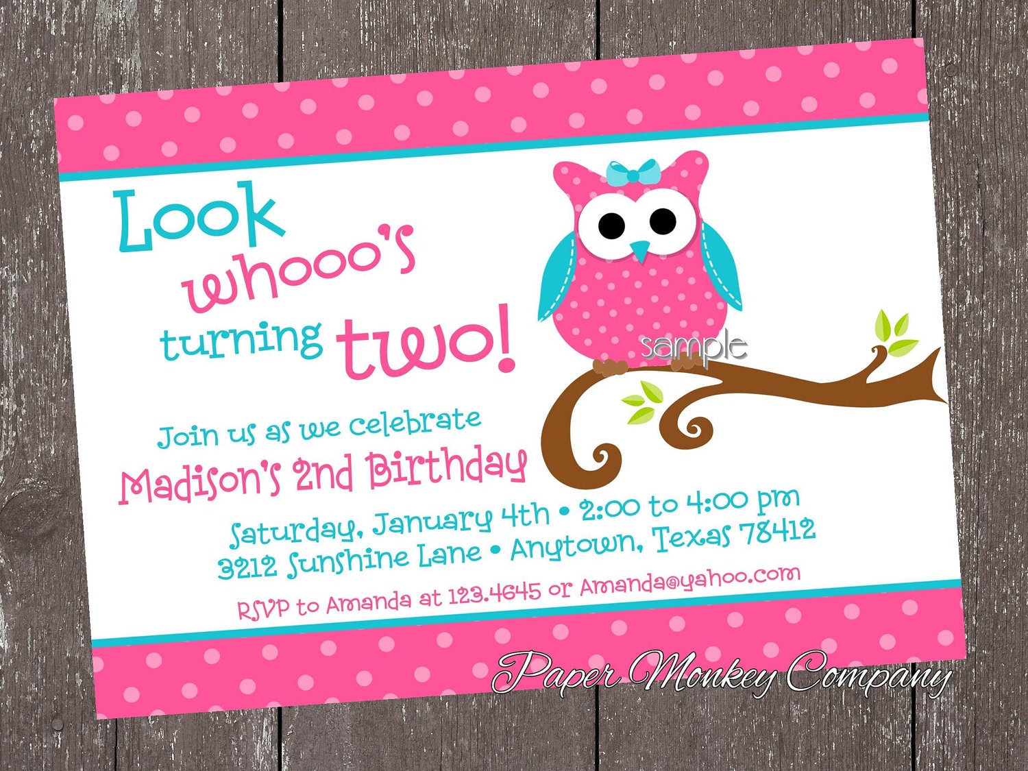 Pink and Teal Owl Birthday Invitations
