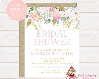 Custom PRINTED 4.25X5.5 Watercolor Blush Pink Floral, Pink Gold,  Baby Shower, Bridal Shower Invitation, kraft or white envelope included