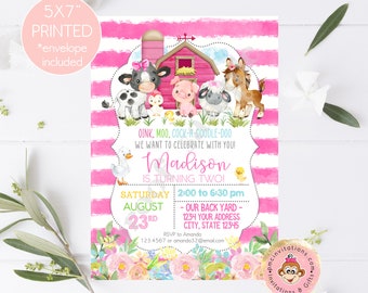 Custom Printed 5x7" Farm Birthday Invitation, girl farm invitation, girl farm invite, pink farm invite, barnyard party, with envelopes