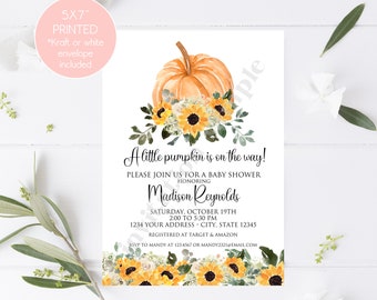 Custom Printed 5X7 Pumpkin Baby Shower Invitation, Watercolor Sunflower Pumpkin, Baby Shower, Fall Pumpkin Baby Shower Invitation