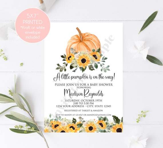 Custom Printed 5X7 Pumpkin Baby Shower Invitation Watercolor