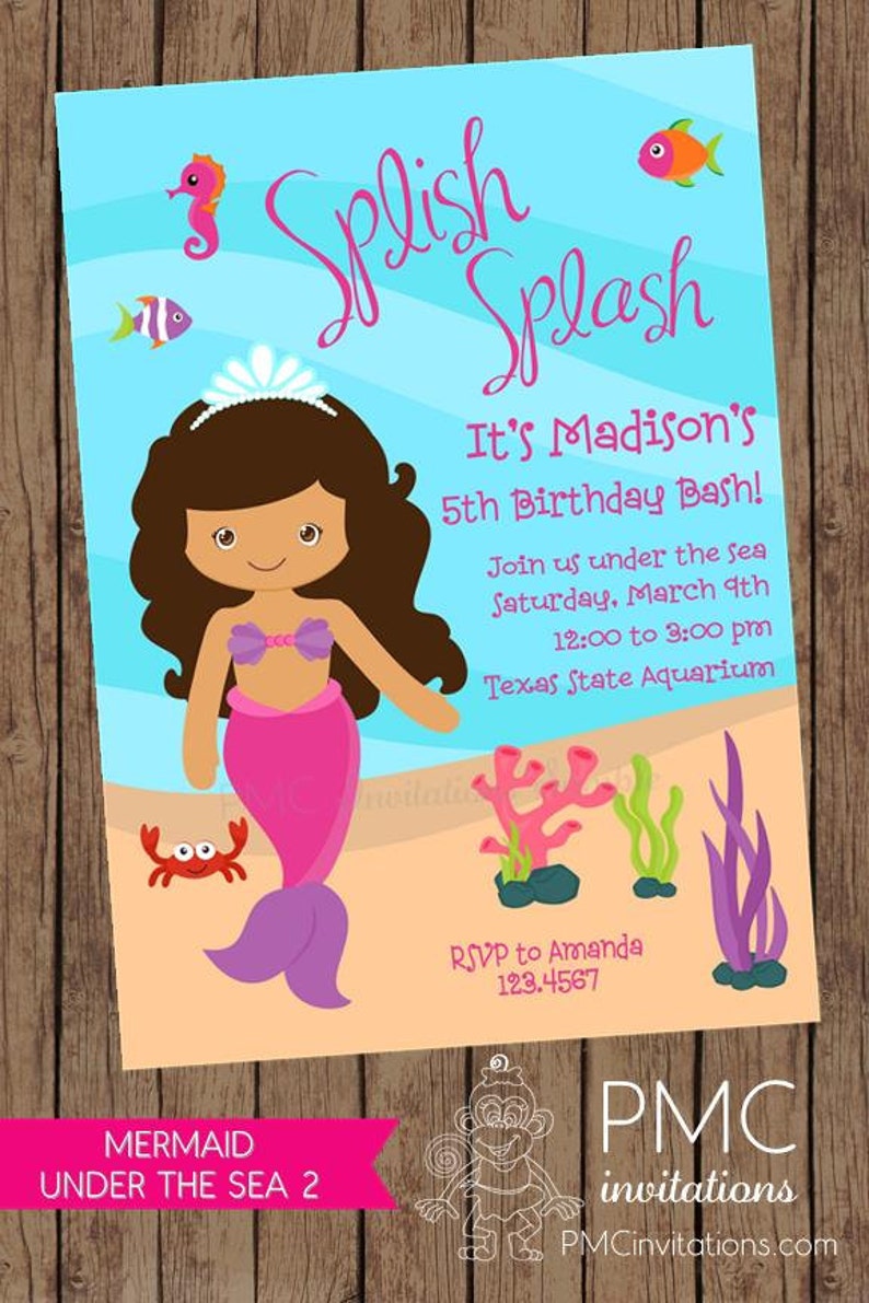 African American Mermaid Birthday Invitations 1.00 each with envelope image 1