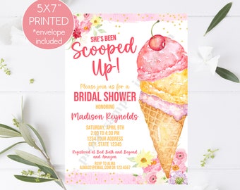 Ice Cream Bridal Shower Invitation, She's Been Scooped Up Bridal Shower Invitation, Printed 5X7" Watercolor, Ice Cream, with envelopes
