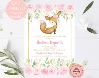 May include: A 5x7 inch printed baby shower invitation with a pink and gold floral design. The invitation features a cartoon fox with a pink bow and the text "Please join us for a baby shower honoring Madison Reynolds. Saturday, June 14th, 2:00 to 4:30 PM, 1234 Your Address, City, State 12345. Registered at Target & Amazon. RSVP to Anna at 123.456.7891 or Emma32@email.com."