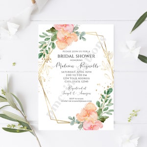 Custom Printed 5x7" Greenery Floral Bridal Shower Invitation, Pink, Peach, Gold, Eucalyptus Floral Bridal Shower Invitation, Bridal Shower