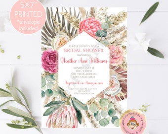 PRINTED 5x7" Boho, Pampas Grass, Floral Boho Bridal Shower Invitation, Pink Floral, Pampas Grass Bridal Shower Invitation- envelope included