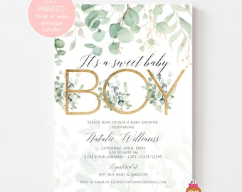 Invitación de baby shower con vegetación de 5 x 7 impresa personalizada, baby shower de niño dulce, baby shower de eucalipto, con sobres