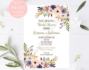 Floral Boho Bridal Shower Invitations | Bridal Party Invitation | 5X7 PRINTED | envelopes included