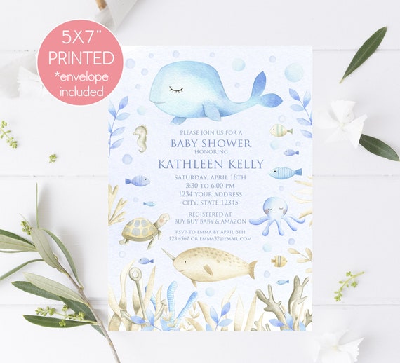 Under the Sea, Ocean, Baby Shower Invitation, Sea creatures, Ocean, Under the Sea Baby Shower Invitations, Printed Invitation, with envelope Il_570xn