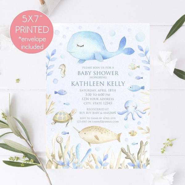 Under the Sea, Ocean, Baby Shower Invitation, Sea creatures, Ocean, Under the Sea Baby Shower Invitations, Printed Invitation, with envelope