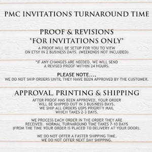 May include: A white text graphic on a wood background with the text "PMC Invitations Turnaround Time" and details about the turnaround time for custom invitations. The text includes information about proof and revisions, approval, printing, and shipping.