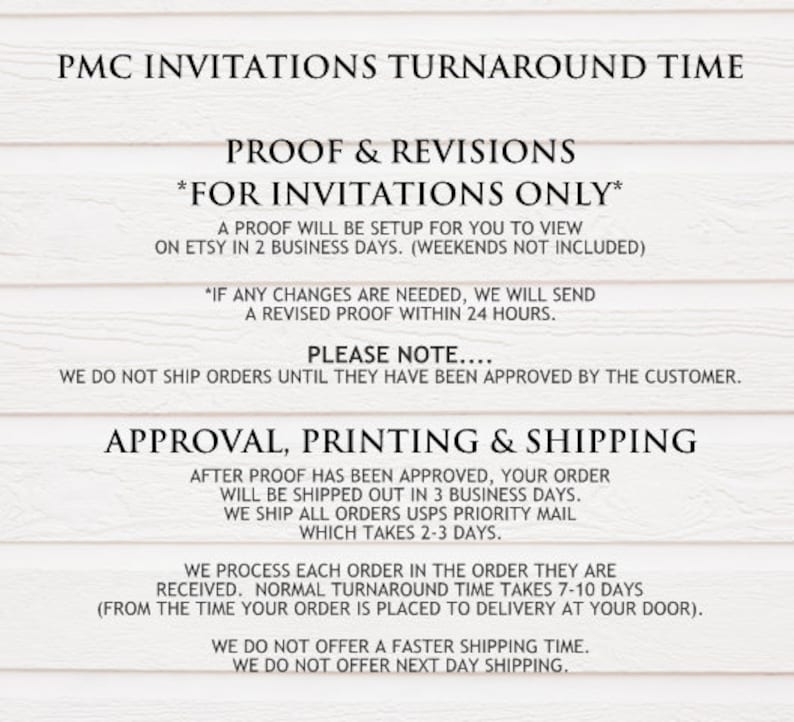 May include: A white text graphic on a wood background with the text "PMC Invitations Turnaround Time" and details about the turnaround time for custom invitations. The text includes information about proof and revisions, approval, printing, and shipping.