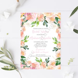 Custom Printed 5x7&quot; Greenery Floral Bridal Shower Invitation, Blush Pink, Gold, Peach, Floral Bridal Shower Invitation, Bridal Shower