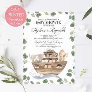 May include: A 5x7 inch printed baby shower invitation with a watercolor illustration of a wooden ark with animals on top. The text on the invitation reads "Please join us for a baby shower honoring Stephanie Reynolds. Saturday, June 19th, 2:00 to 4:30 PM, 1345 Your Address, City, State 12345. Registered at Target & Amazon. RSVP to Angelica 123.456.7890 or angie21@email.com"