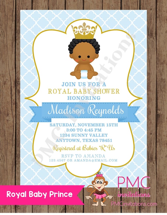 Custom Printed African American Royal Prince Baby Shower Invitations