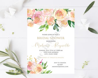 Custom Printed 5x7" Greenery Floral Bridal Shower Invitation, Blush Pink, Gold, Peach, Floral Bridal Shower Invitation, Bridal Shower