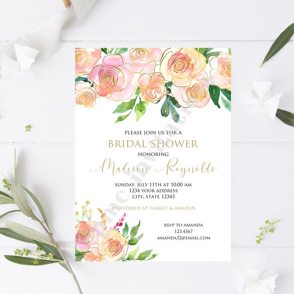 Custom Printed 5x7" Greenery Floral Bridal Shower Invitation, Blush Pink, Gold, Peach, Floral Bridal Shower Invitation, Bridal Shower