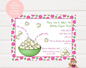 Custom Printed 5X7" Sleepover, Slumber Party, Pajama Party Birthday Invitations, Popcorn Invitation, envelope included