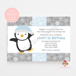 Printed Winter Penguin Birthday Invitation, Penguin Birthday, Penguin Boy 1.00 each with envelope image 2