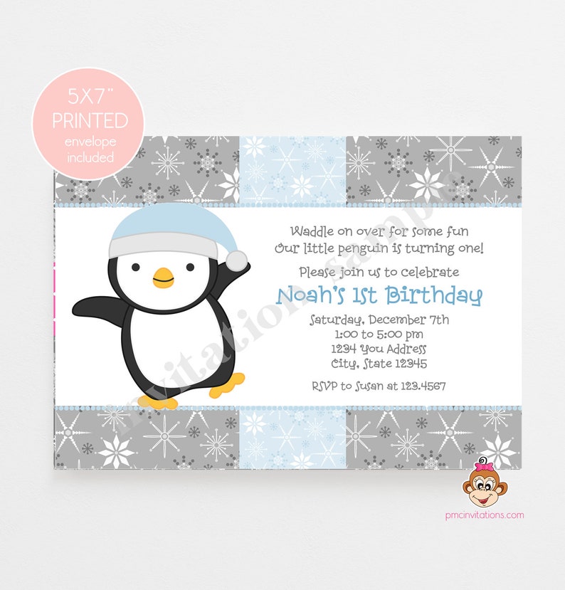 Printed Winter Penguin Birthday Invitation, Penguin Birthday, Penguin Boy 1.00 each with envelope image 2