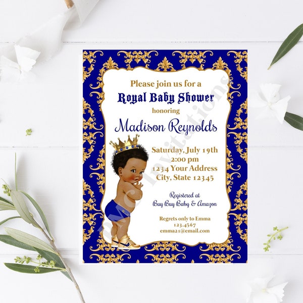 Custom PRINTED 4.25X5.5 Blue Gold African American Royal Prince Baby Shower Invitation, Prince Baby Shower kraft or white envelope included