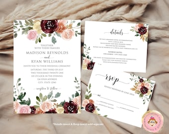 Printed 5X7 Burgundy Peach Pink Wedding Invitation, Floral Wedding Invitation, Wedding Invitation, Simple Wedding, envelope included