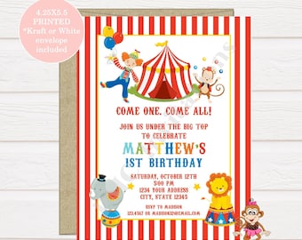 Custom PRINTED 4.25X5.5 Circus Clown Carnival Birthday Invitations, kraft or white envelope